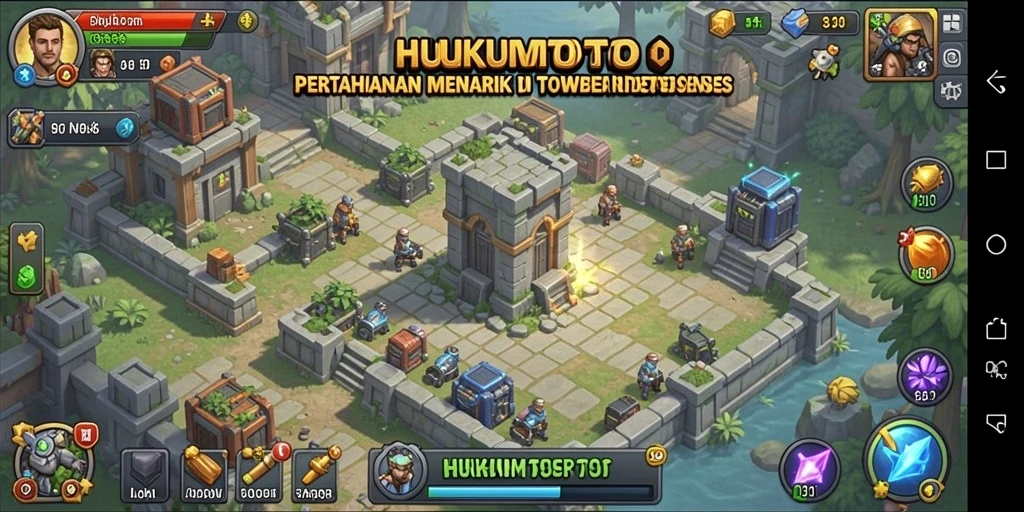 Screenshot HUKUMTOTO menampilkan aksi seru pertahanan tower.