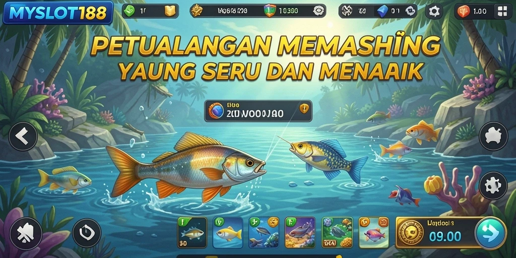 Gameplay MYSLOT188 menampilkan momen seru memancing di lautan.