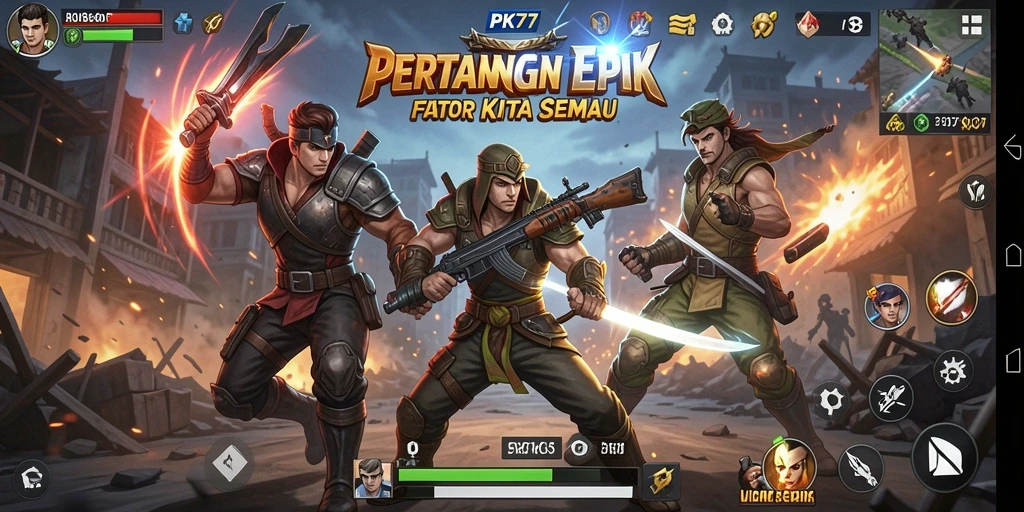 Screenshot gameplay PK77 menampilkan pertarungan epik dan karakter unik.